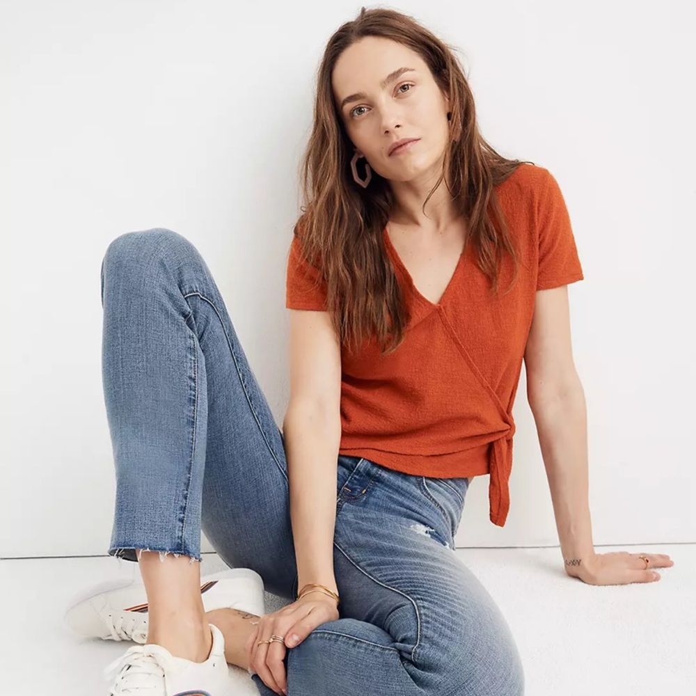 Lightly worn, red/orange madewell side tie top.